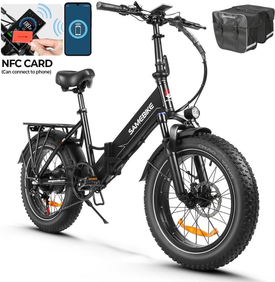 Samebike LOTDM200-II Elektrische Fatbike – 20*4 Inch – 48V 13Ah – 90KM Bereik – NFC LCD Display – 250W Motor – Dubbel Vouwbaar – Zwart