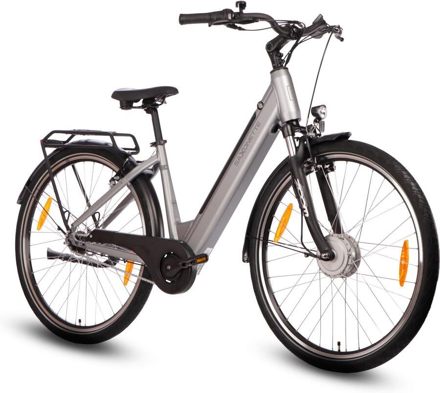 Saxonette Comfort Plus 5.0 E-Bike 28 Inch 468Wh Intube Accu 95% Voorgemonteerd Shi o Nexus 7 Lage Instap Verende Voorvork Zilvergrijs