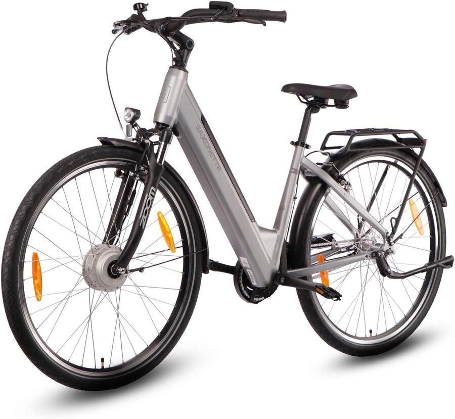 Saxonette Comfort Plus 5.0 E-Bike 28 Inch 468Wh Intube Accu 95% Voorgemonteerd Shi o Nexus 7 Lage Instap Verende Voorvork Zilvergrijs