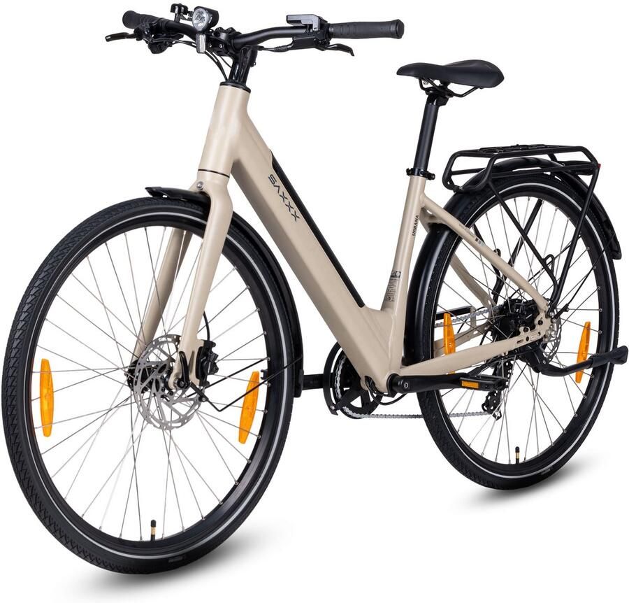 Saxonette SAXXX Urbana elektrische stadsfiets – 28 inch – 250W achterwielmotor – 417Wh uitneembare lithiumaccu – tot 90 km actieradius – 95% voorgemonteerd – Shi o 7 versnellingen – TEKTRO hydraulische schijfrem –lage instap aluminium frame –mat aardgeel