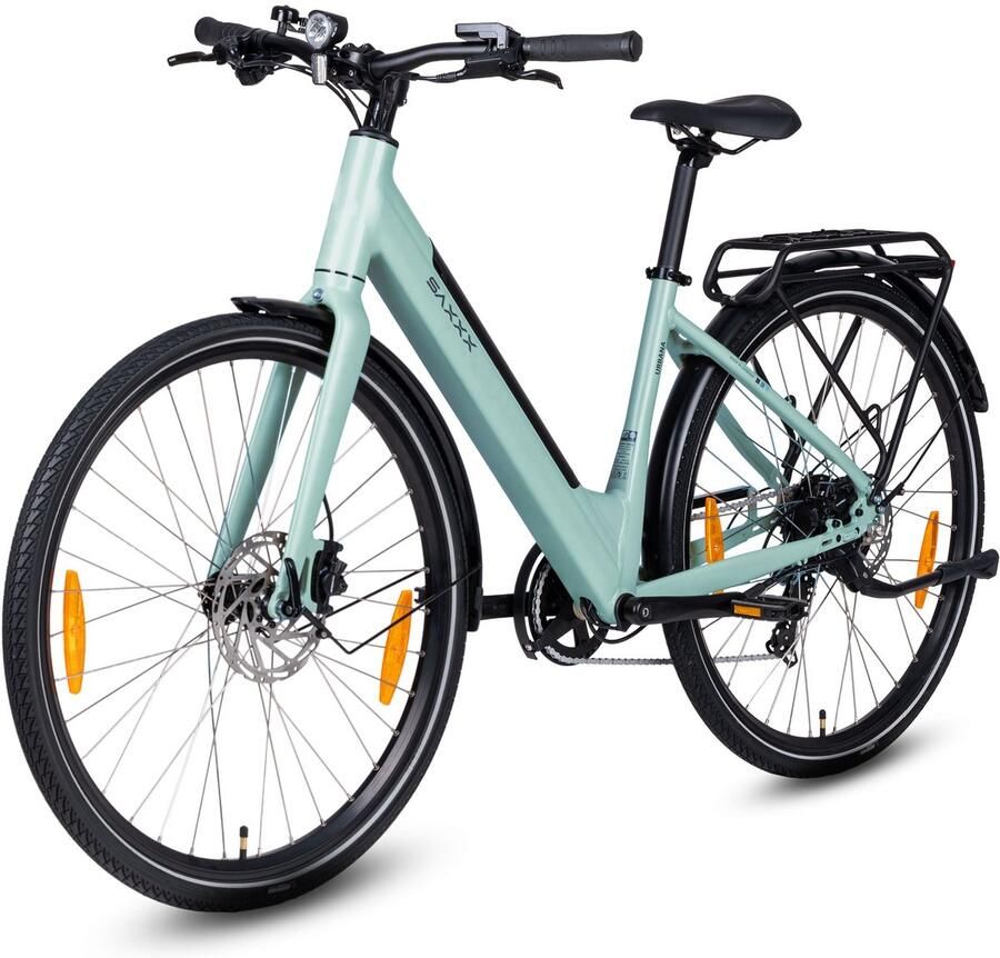 Saxonette SAXXX Urbana elektrische stadsfiets – 28 inch –250W achterwielmotor–417Wh uitneembare lithiumaccu –tot 90 km actieradius –95% voorgemonteerd –Shi o 7 versnellingen –TEKTRO hydraulische schijfrem – lage instap aluminium frame– glanzend licht cyaan