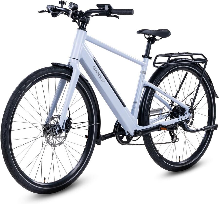 Saxonette Urbano Elektrische Stadsfiets 28 Inch 250W Ananda Achterwielmotor 417 6Wh Accu 95% Voorgemonteerd Tot 90 km Actieradius Shi o 7 Versnellingen Hydraulische Schijfrem IJsblauw glanzend