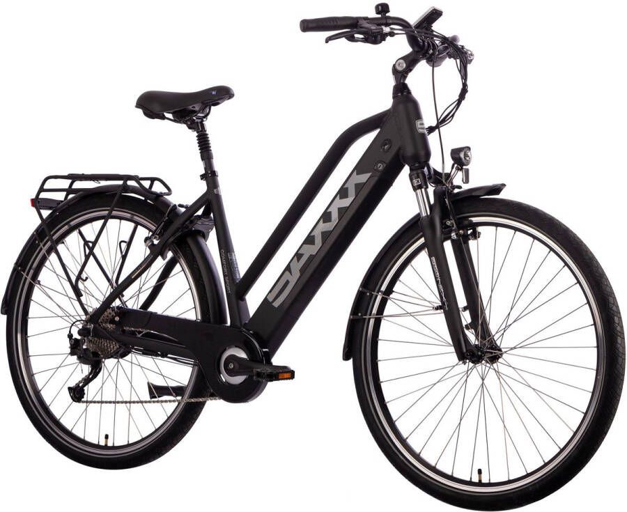 Saxxx E-Bike Cityfiets Comfort Sport Trapez-9-versnellingen Shi o Alivio-Kettingversnelling-Achterwielmotor-418 Wh Accu-Geïntegreerd Frameslot