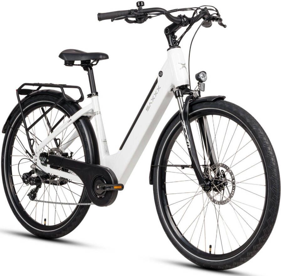 Saxxx Comfort Sport Easy Elektrische Fiets 95% Vooraf Geassembleerd Stadsfiets 468Wh Verwijderbare Accu 90km Actieradius SHI O Tourney 7 versnellingen Aluminium frame Achterwielmotor 250W 28 Wielen Mechanische schijfrem Wit