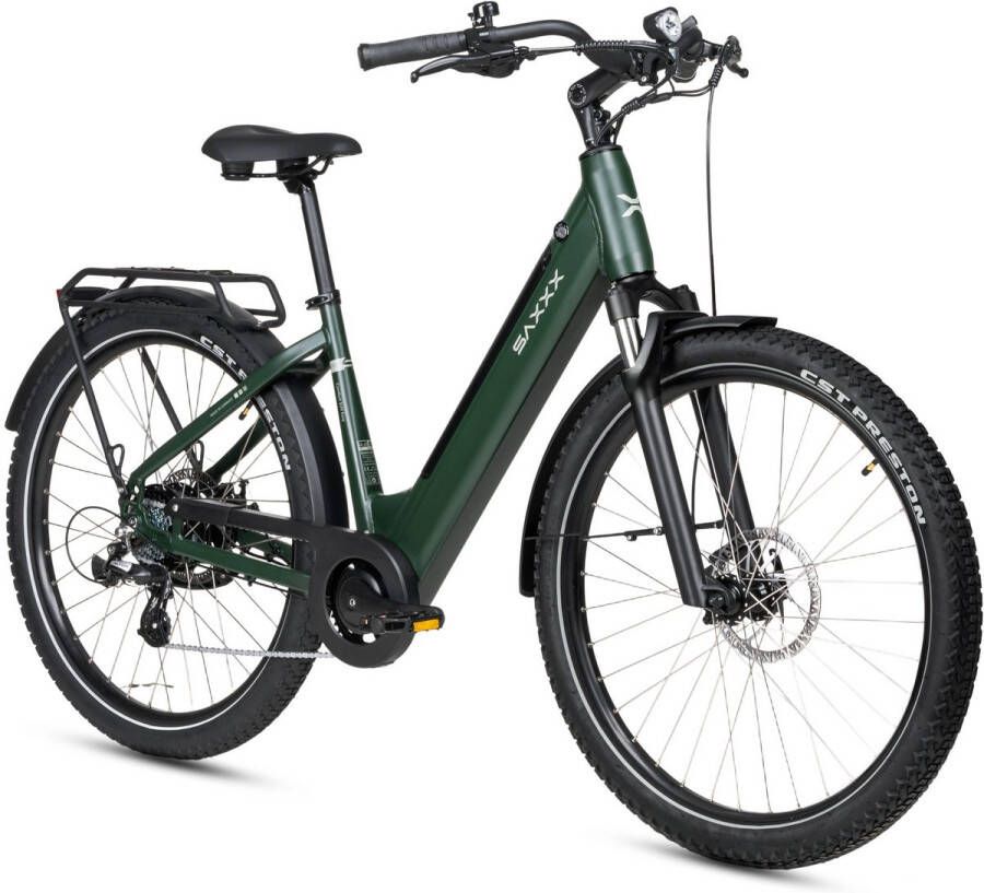 Saxxx Elektrische Fiets Comfort SUV Easy 468Wh uitneembare accu 90 km Actieradius SHI O Altus 7 Versnellingen Achterwielmotor 250W 27.5 inch CST anti-lek banden Mechanische schijfrem Elektrische Stadsfiets groen