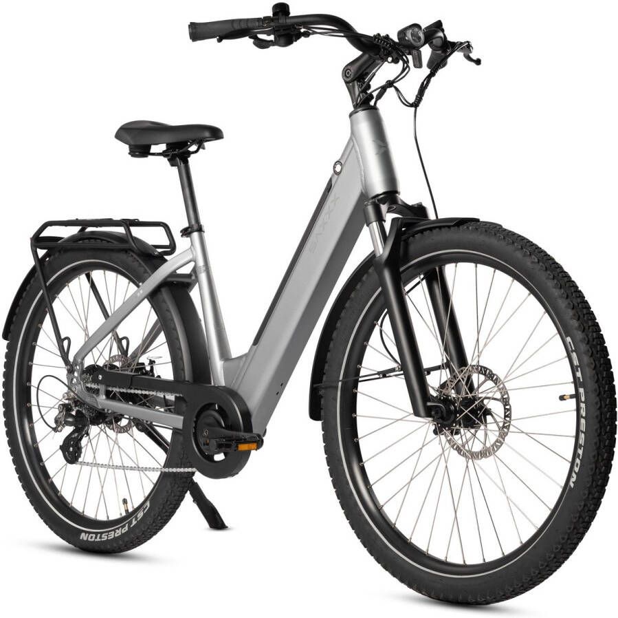 Saxxx Elektrische Fiets Comfort SUV Easy 468Wh uitneembare accu 90 km Actieradius SHI O Altus 7 Versnellingen Achterwielmotor 250W 27.5 inch CST anti-lek banden Mechanische schijfrem Elektrische Stadsfiets Zilvergrijs