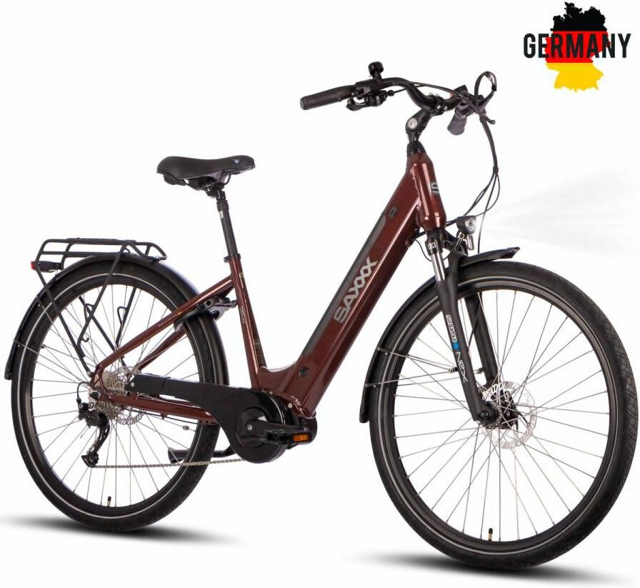 Saxxx Deluxe Sport Elektrische Fiets 95% Vooraf Geassembleerd Stadsfiets 418Wh Verwijderbare Accu 100 km Actieradius Middenmotor 250W 28 Wielen Shi o Alivio 9 Versnellingen Hydraulische Schijfrem Aluminium Frame Bordeauxrood
