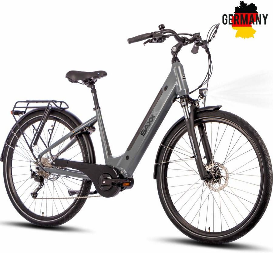 Saxxx Deluxe Sport Elektrische Fiets 95% Vooraf Geassembleerd Stadsfiets 418Wh Verwijderbare Accu 100 km Actieradius Middenmotor 250W 28 Wielen Shi o Alivio 9 Versnellingen Hydraulische Schijfrem Aluminium Frame Grijs