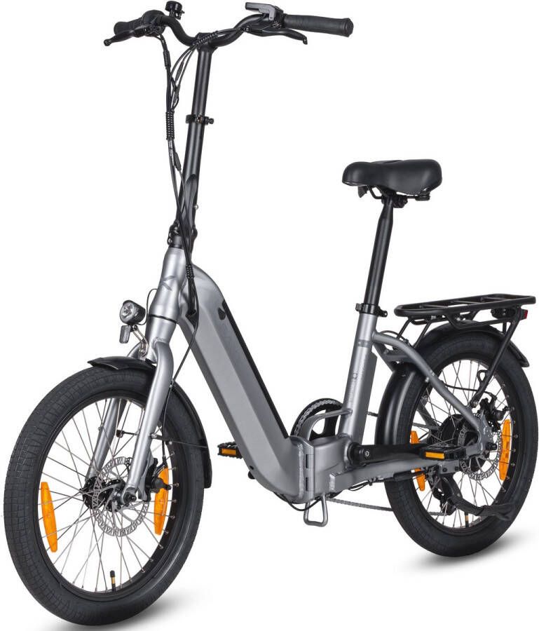 Saxxx Foldi Comfort Elektrische Fiets 95% Vooraf Geassembleerd Vouwfiets 410Wh uitneembare accu 80 km Actieradius Shi o Nexus 7-versnellingssysteem Achterwielmotor 250W 20 x 2.3 CST-banden Mechanische schijfrem Grijs
