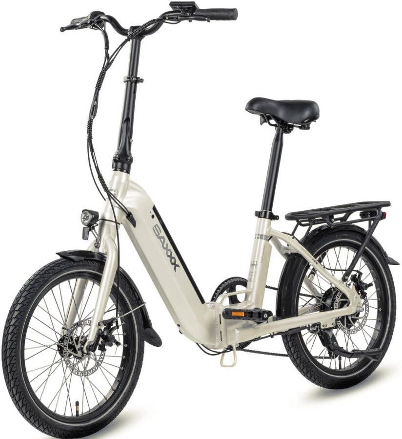 Saxxx Foldi Comfort Elektrische Fiets 95% Vooraf Geassembleerd Vouwfiets 410Wh uitneembare accu 80 km Actieradius Shi o Nexus 7-versnellingssysteem Achterwielmotor 250W 20 x 2.3 CST-banden Mechanische schijfrem Wit