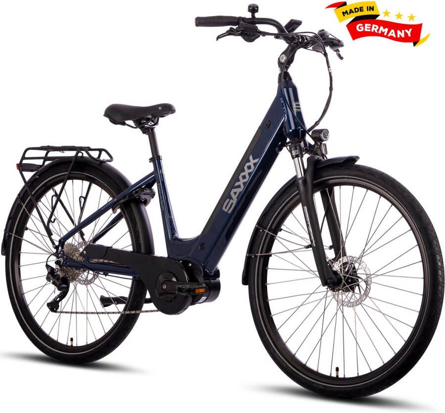 Saxxx PREMIUM SPORT TRAPEZ Elektrische Fiets 95% Vooraf Geassembleerd Stadsfiets 522Wh Verwijderbare Accu 100 km Actieradius Middenmotor 250W Shi o Deore 10-speed 28 Wielen Hydraulische Schijfrem Aluminium Frame Blauw