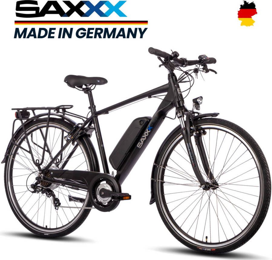 Saxxx Elektrische Fiets Touring Sport 374Wh Verwijderbare Accu 100 km Actieradius Shimano Tourney 7-speed Achterwielmotor 250W 28 Inch Wielen Promax V-brakes diamantframe met verlichting bagagedrager- Elektrische Stadsfiets Zwart