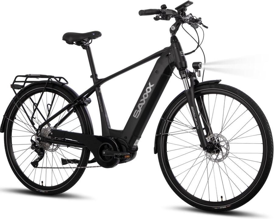 Saxxx 28 inch elektrische fiets Trekking E-bike 250W middenmotor 80Nm koppel 36V 540Wh lithium accu tot 110 km actieradius SHI O Deore 10 versnellingen CST anti-lek banden hydraulische schijfrem zwart