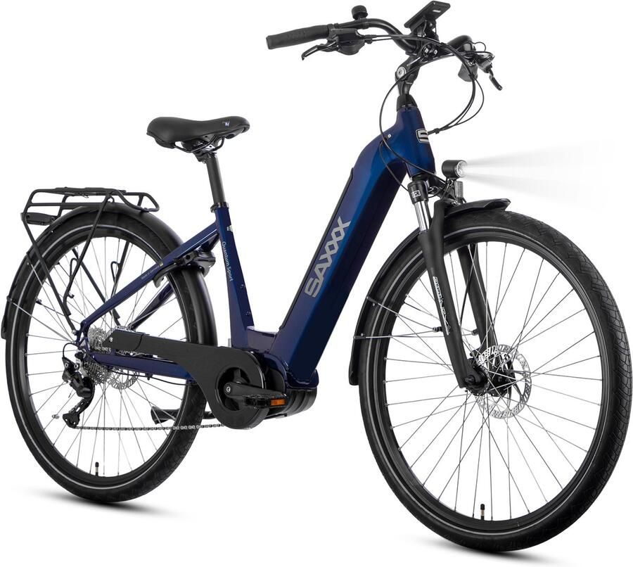 Saxxx 28 inch Lage Instap Elektrische Fiets -Wave Comfort Frame 250W Middenmotor 540Wh Geïntegreerde Lithium Accu Tot 100km Actieradius SHI O Deore 10 Versnellingen -CST Anti-lek Reflecterende Banden Hydraulische Schijfrem nachtblauw