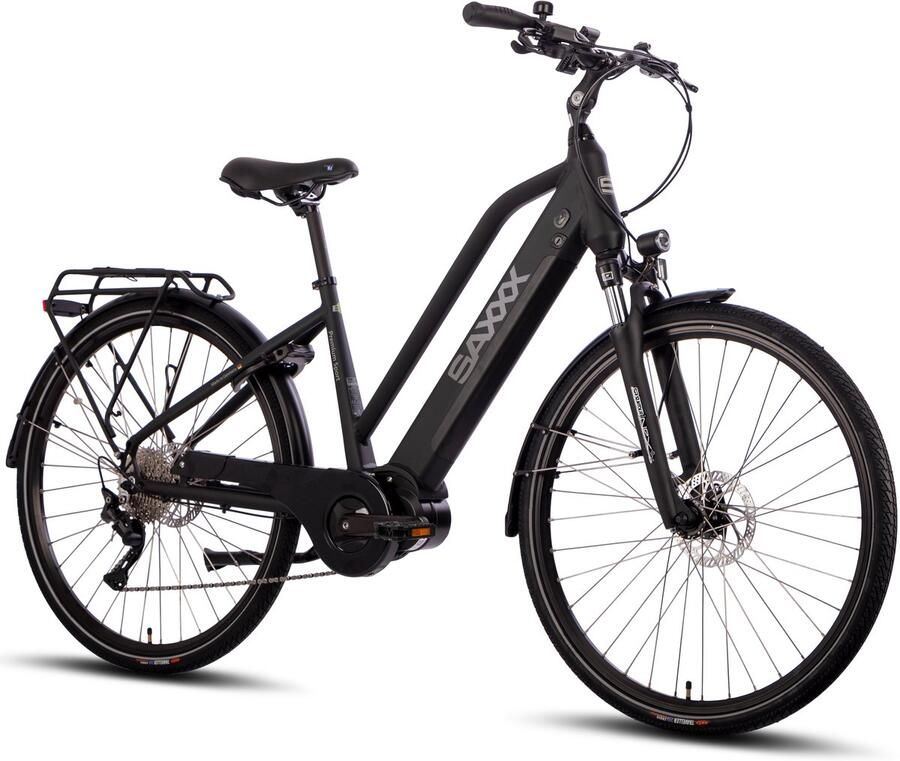 Saxxx 28 inch Stads- en Trekking E-bike 250W middenmotor 90Nm koppel 36V 522Wh uitneembare accu tot 100 km actieradius SHI O Deore 10 versnellingen hydraulische schijfrem SR SUNTOUR verende voorvork zwart
