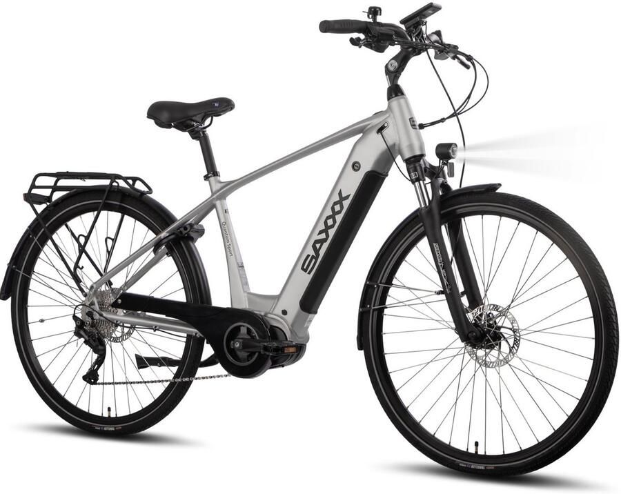 Saxxx 28 inch Trekking elektrische fiets -250W middenmotor 80Nm -540Wh volledig geïntegreerde uitneembare accu tot 110 km actieradius -SHI O Deore 10 versnellingen hydraulische schijfrem voor en achter -SR SUNTOUR verende voorvork zilver