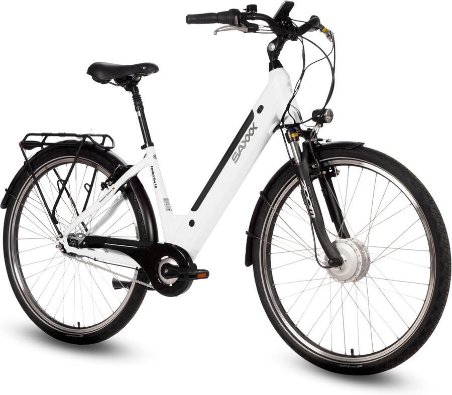 Saxxx Comfort Plus 4.0 26 inch elektrische stadsfiets actieradius tot 90 km 95% voorgemonteerd voorwielmotor 36V 418Wh accu Shi o 7-speed naafversnelling LCD-display Wit glanzend
