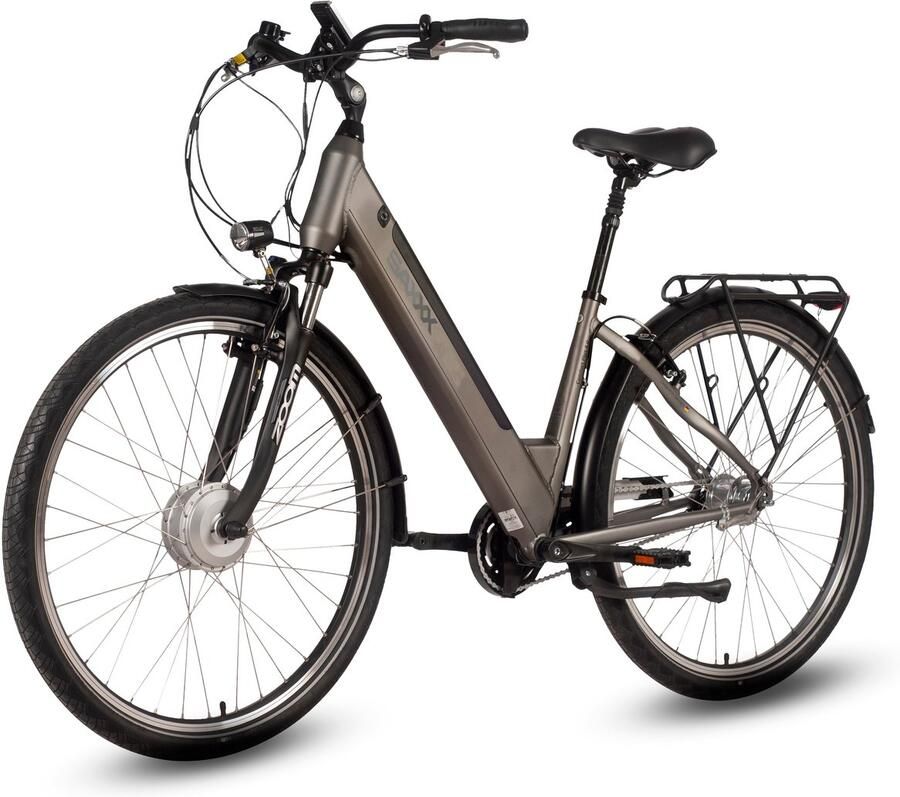Saxxx Comfort Plus 4.0 26 inch elektrische stadsfiets actieradius tot 90 km 95% voorgemonteerd voorwielmotor 36V 418Wh accu Shi o 7-speed naafversnelling LCD-display- Zilvergrijs mat