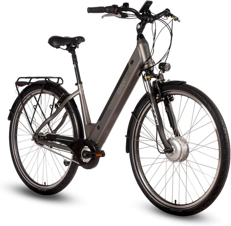 Saxxx Comfort Plus 4.0 26 inch elektrische stadsfiets actieradius tot 90 km 95% voorgemonteerd voorwielmotor 36V 418Wh accu Shi o 7-speed naafversnelling LCD-display- Zilvergrijs mat