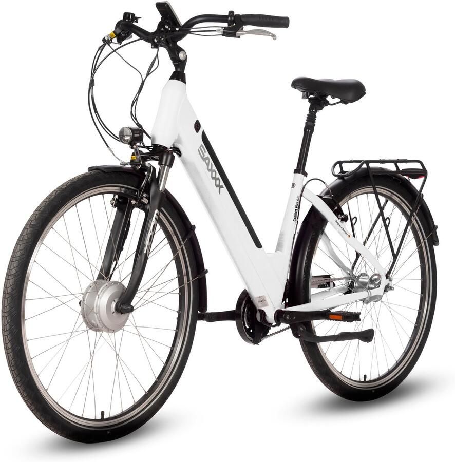 Saxxx Comfort Plus 4.0 -28 inch elektrische stadsfiets actieradius tot 90 km 95%Vooraf Geassembleerd Stadsfiets voorwielmotor 36V 418Wh accu Shi o 7-speed naafversnelling LCD-display Wit glanzend