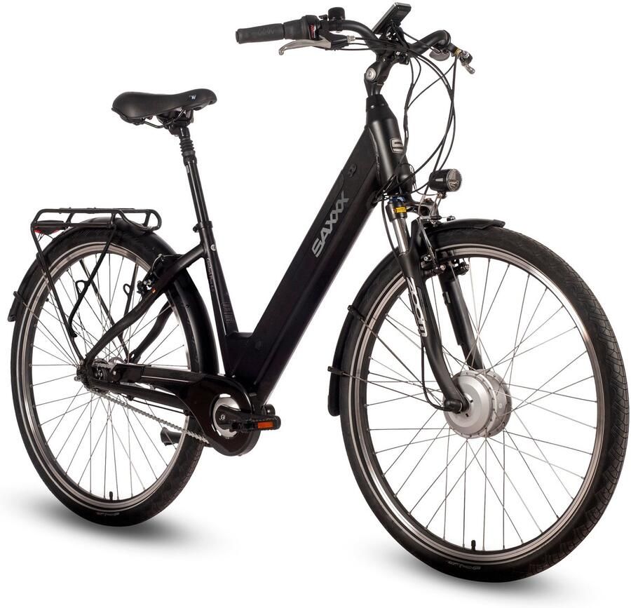 Saxxx Comfort Plus 4.0 -28 inch elektrische stadsfiets actieradius tot 90 km voorwielmotor 36V 418Wh accu 95%Vooraf Geassembleerd Stadsfiets Shi o 7-speed naafversnelling LCD-display Zwart mat