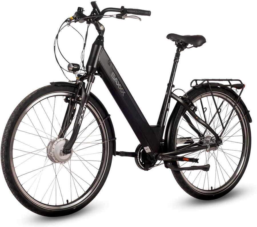 Saxxx Comfort Plus 4.0 -28 inch elektrische stadsfiets actieradius tot 90 km voorwielmotor 36V 418Wh accu 95%Vooraf Geassembleerd Stadsfiets Shi o 7-speed naafversnelling LCD-display Zwart mat