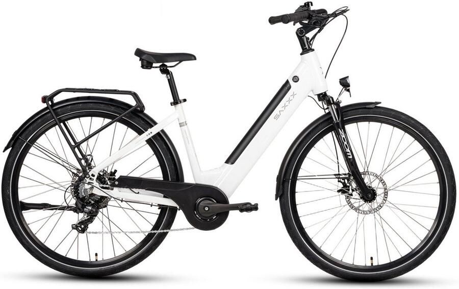 Saxxx 【BLACK Friday Deals】 Comfort Sport Easy Elektrische Fiets 95% Vooraf Geassembleerd Stadsfiets 468Wh Verwijderbare Accu 90km Actieradius SHI O Tourney 7 versnellingen Achterwielmotor 250W 28 Wielen Mechanische schijfrem Wit