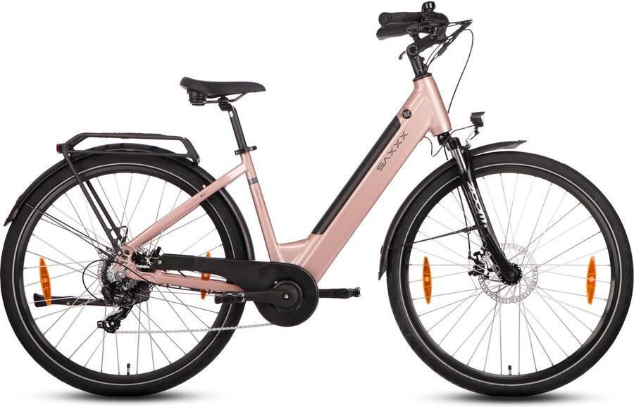 Saxxx Comfort Sport Easy Elektrische Fiets 95% Vooraf Geassembleerd Stadsfiets 468Wh Verwijderbare Accu 90km Actieradius SHI O Tourney 7 versnellingen Aluminium frame Achterwielmotor 250W 28 Wielen Mechanische schijfrem Roze