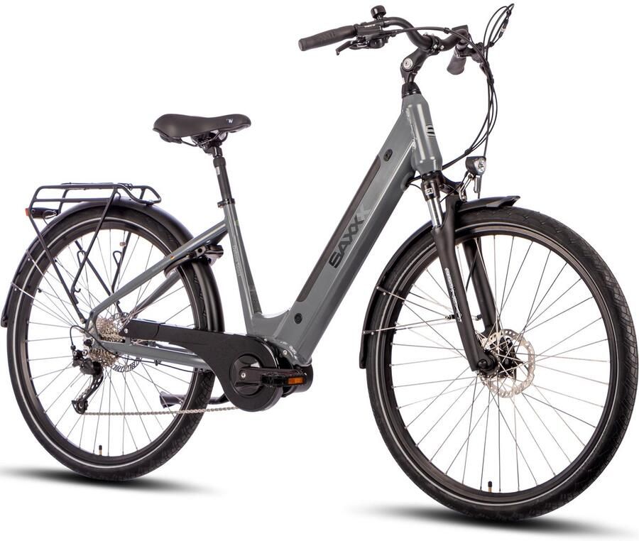 Saxxx Deluxe Sport Elektrische Fiets 28 inch 250W Middenmotor 36V 418Wh Geïntegreerde Lithium Accu Shi o Alivio 9 Versnellingen Hydraulische Schijfrem SR Suntour Verende Voorvork CST Anti-lek Banden mat grijs-zilver