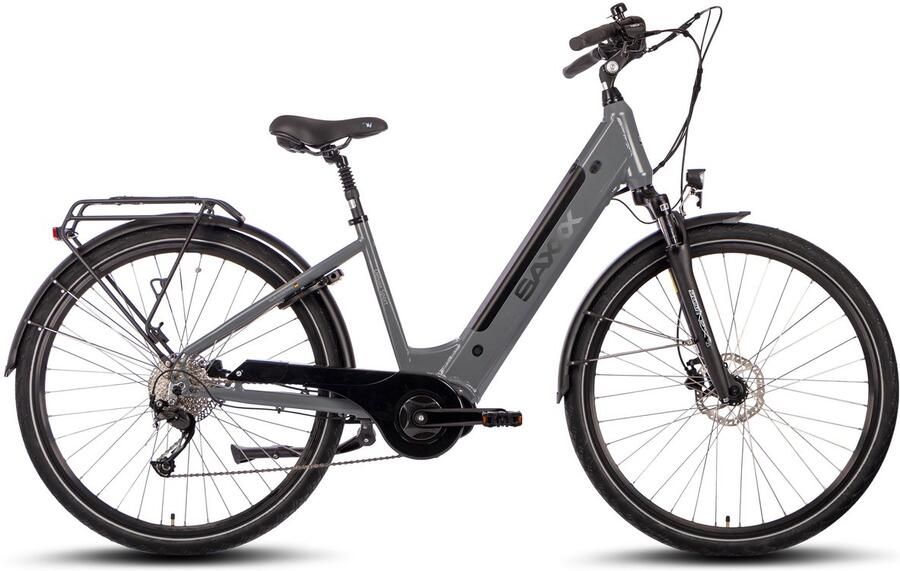 Saxxx Deluxe Sport Elektrische Fiets 28 inch E-Bike 250W Middenmotor 70Nm Koppel 418Wh Geïntegreerde Accu Shi o Alivio 9 Versnellingen Shi o MT200 Hydraulische Schijfrem mat grijs-zilver