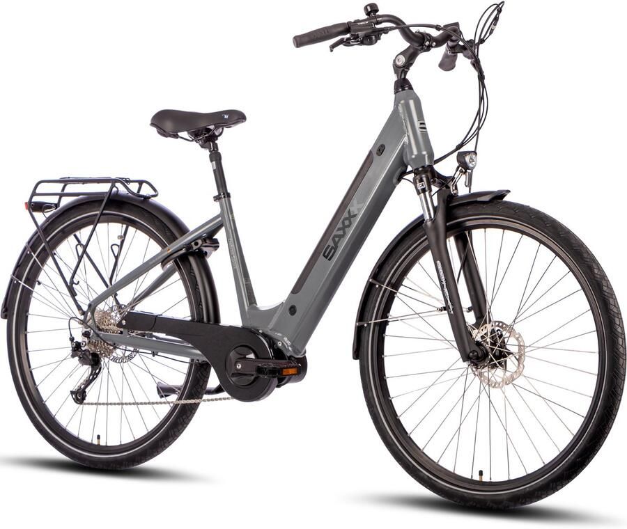 Saxxx Deluxe Sport Elektrische Fiets 95% Vooraf Geassembleerd Stadsfiets 418Wh Verwijderbare Accu 100 km Actieradius Middenmotor 250W 28 Wielen Shi o Alivio 9 Versnellingen Hydraulische Schijfrem Grijs