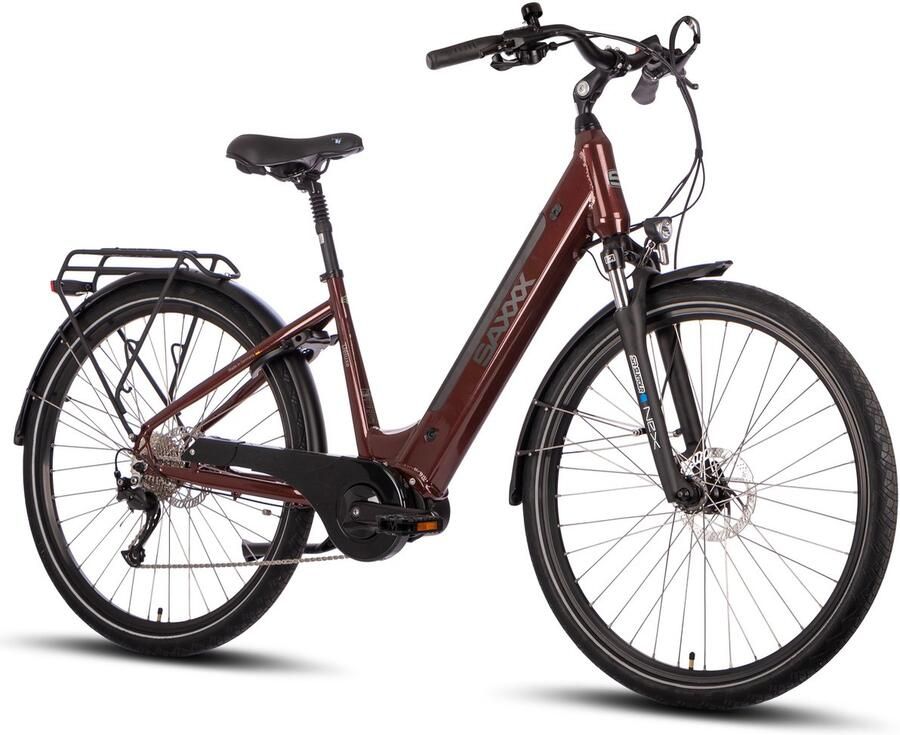 Saxxx Deluxe Sport Elektrische Fiets 28 inch E-Bike 250W Middenmotor 70Nm Koppel 418Wh Geïntegreerde Accu Shi o Alivio 9 Versnellingen Shi o MT200 Hydraulische Schijfrem glanzend bordeauxrood