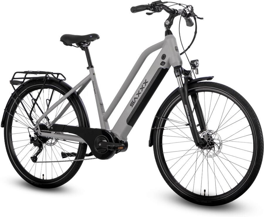 Saxxx PREMIUM SPORT TRAPEZ Elektrische Fiets 95% Vooraf Geassembleerd Stadsfiets 522Wh Verwijderbare Accu 100 km Actieradius Middenmotor 250W Shi o Deore 10-speed 28 Wielen Hydraulische Schijfrem zilver