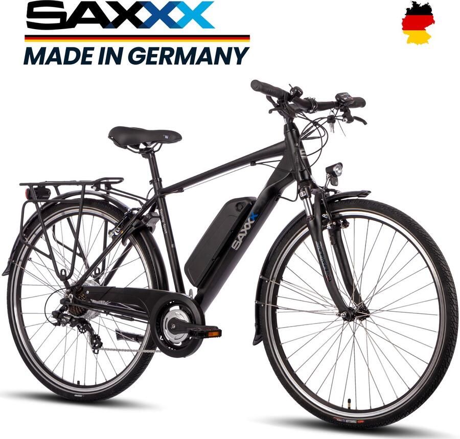 Saxxx Elektrische Fiets MAX. 100 km Bereik 370Wh Accu 95% Montage Klaar Achtermotor Shimano 7 Versnellingen Verende Suntour Voorvork Aluminium Frame Zwart