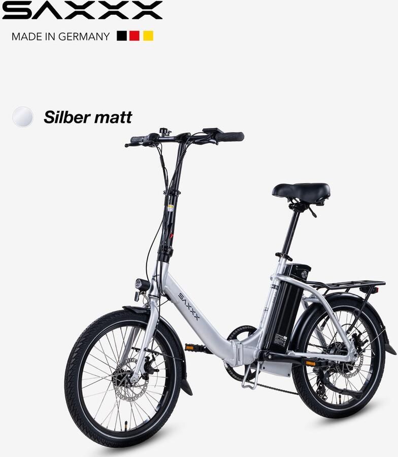 Saxxx Foldi 2.0 – 20 inch opvouwbare elektrische fiets – 36V 460Wh accu – 95% voorgemonteerd – ZOOM mechanische schijfrem – achterwielmotor – Shi o 7 versnellingen – LCD-display – aluminium frame – kleur-LCD-display mat zilvergrijs