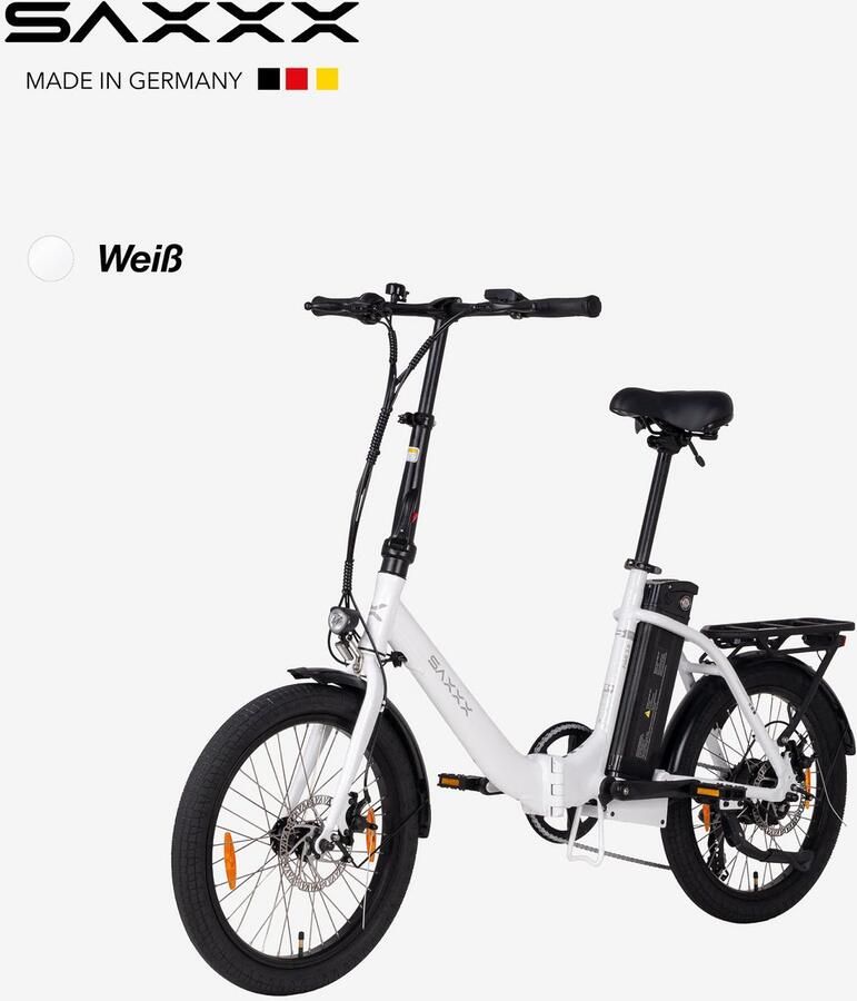 Saxxx Foldi 2.0 – 20 inch opvouwbare elektrische fiets – 36V 460Wh accu – 95% voorgemonteerd – ZOOM mechanische schijfrem – achterwielmotor – Shi o 7 versnellingen – LCD-display – aluminium frame – kleur-LCD-display- glanzend wit