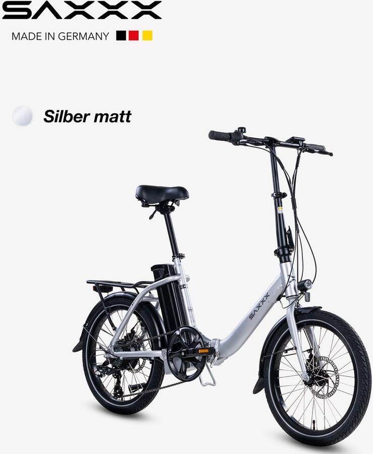 Saxxx Foldi 2.0 – 20 inch opvouwbare elektrische fiets – 36V 460Wh accu – 95% voorgemonteerd – ZOOM mechanische schijfrem – achterwielmotor – Shi o 7 versnellingen – LCD-display – aluminium frame – kleur-LCD-display mat zilvergrijs