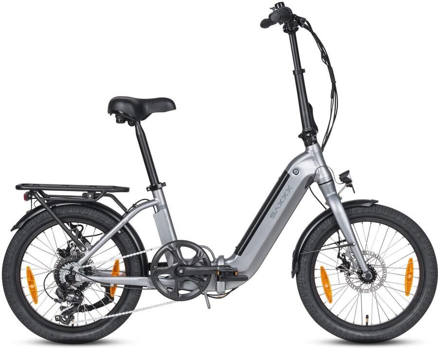 Saxxx Foldi Comfort Elektrische Fiets 95% Vooraf Geassembleerd Vouwfiets 410Wh uitneembare accu 80 km Actieradius Shi o Nexus 7-versnellingssysteem Achterwielmotor 250W 20 x 2.3 CST Mechanische schijfrem Grijs
