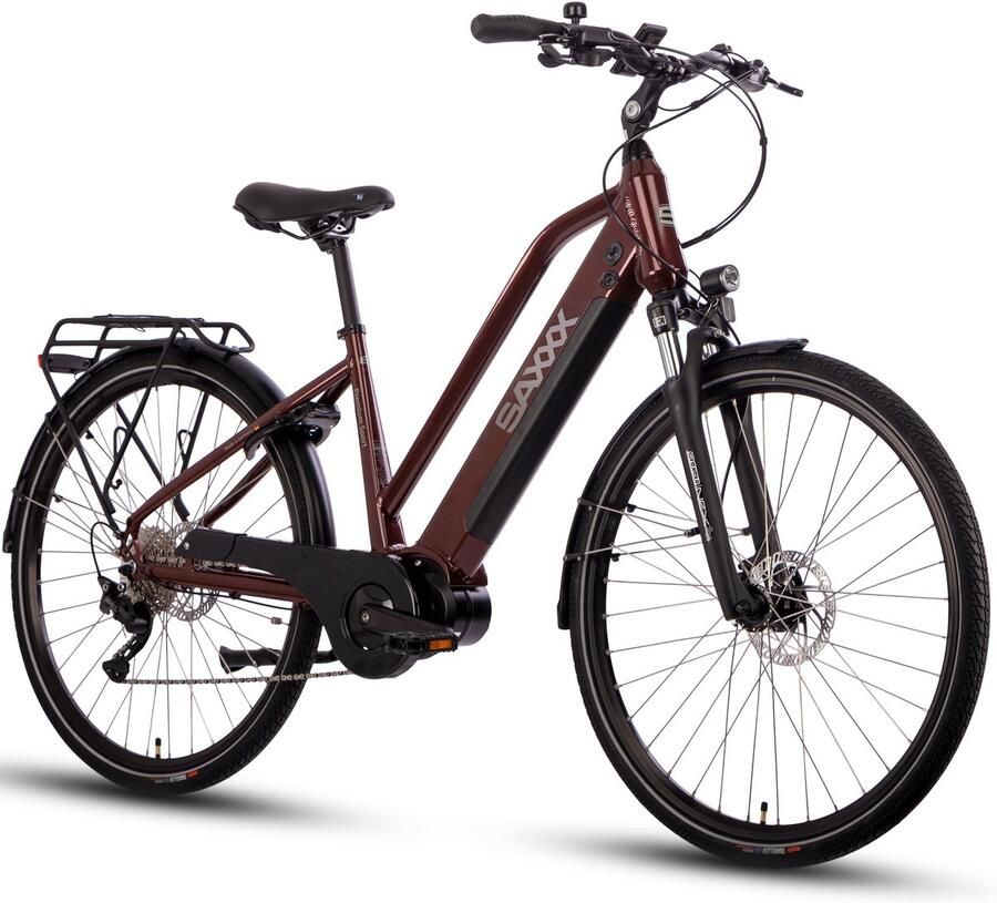 Saxxx High Perfor ce 28 inch Trekking E-bike 522Wh grote accu tot 100 km actieradius 250W middenmotor 90Nm koppel SHI O Deore versnelling hydraulische schijfrem aluminium frame bordeauxrood