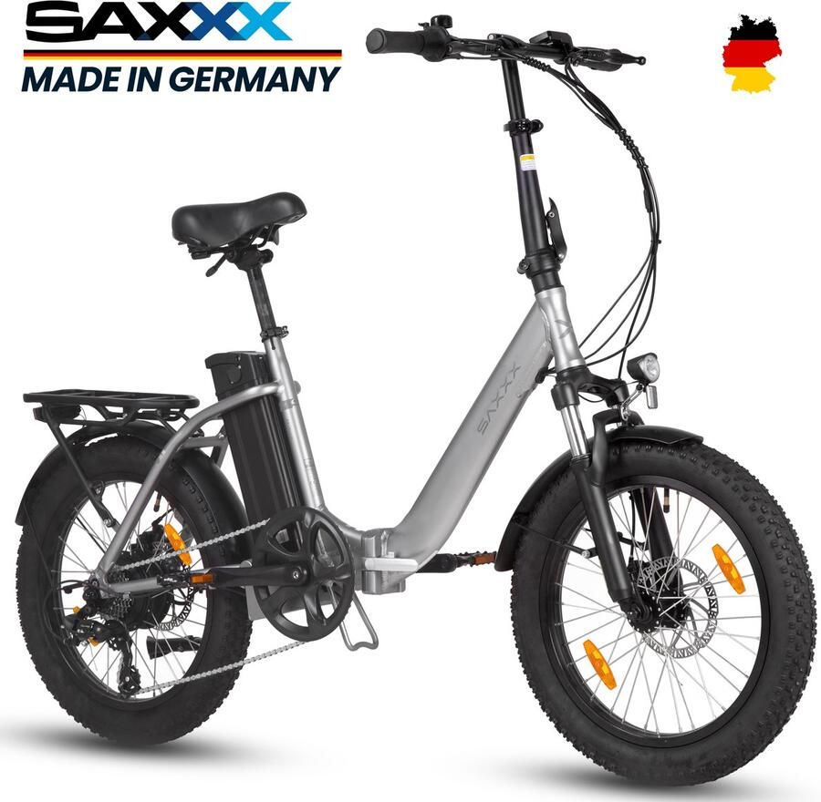 Saxxx Metron Elektrische Fiets 95% Vooraf Geassembleerd Vouwfiets 468Wh uitneembare accu 100 km Actieradius Shi o Nexus 7-versnellingssysteem Achterwielmotor 250W 20 x 3 CST-banden Mechanische schijfrem zilvergrijs