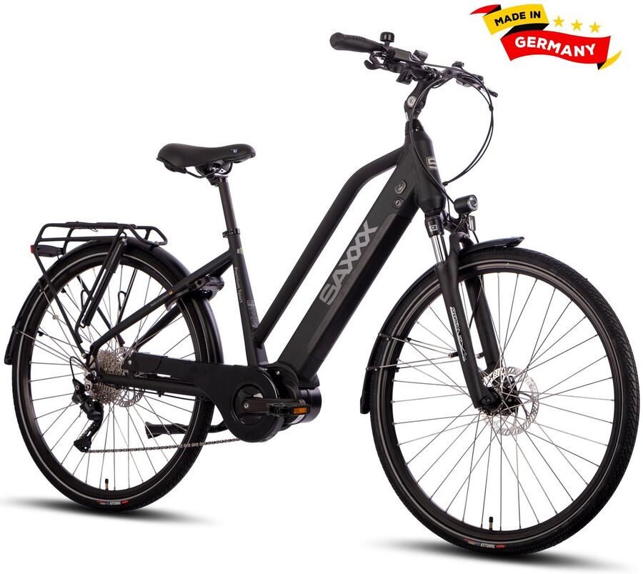 Saxxx 【BLACK Friday Deals】 PREMIUM SPORT TRAPEZ Elektrische Fiets 95% Vooraf Geassembleerd Stadsfiets 522Wh Verwijderbare Accu 100 km Actieradius Middenmotor 250W Shi o Deore 10-speed 28 Wielen Hydraulische Schijfrem Zwart