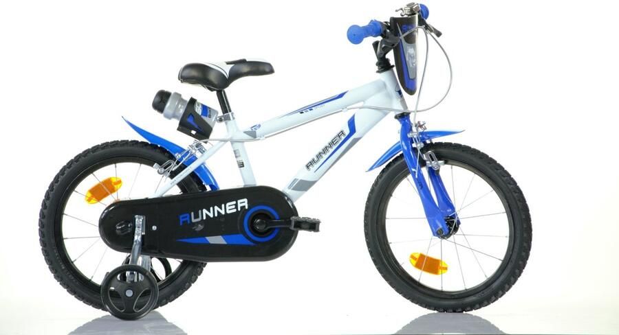 Sch Runner Kinderfiets Zijwieltjes 5 t m 7 jaar 16 inch Blauw Fietsbel Bekerhouder