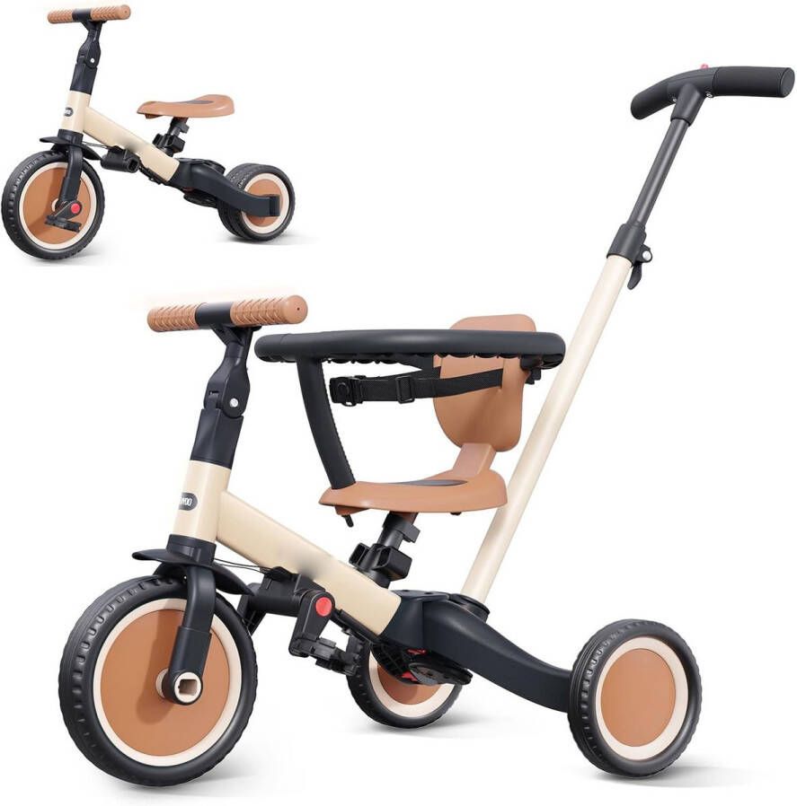 ShopHaven Driewieler voor Peuters 1-3 Jaar Voor en Trike met Duwstang voor Ouders Rugleuning en Veiligheidsgordel Kinderfiets Stabiele Driewieler Khaki Kleur Leerfiets voor Kleuters - Foto 2