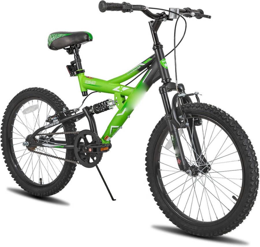 ShopHaven Kinderfiets 20 Inch met Vering en Standaard – Mountainbike voor en 7-13 Jaar – Stalen Frame – Volledig Geveerd – 1 Versnelling – Jeugdfiets met Stevige Constructie – Sportieve Fiets voor Kinderen – Schoolfiets 20 inch