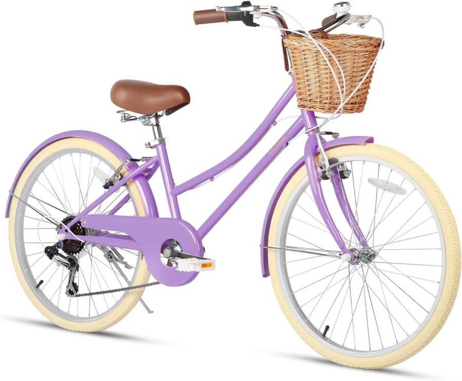ShopHaven Meisjesfiets 6 Versnellingen met Rieten Mand – Cruiser Citybike – 20 24 26 Inch – Shimano Versnellingen – Lichtgewicht Hybride Stadsfiets – Comfortabel Zadel – Kinderfiets vanaf 6 Jaar – Meerdere Kleuren Beschikbaar 24 inch met standaard