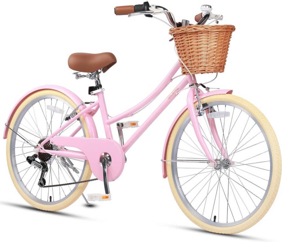 ShopHaven Meisjesfiets Cruiser Hybride Stadsfiets 6 Versnellingen 20 24 26 Inch Wielen Shimano Derailleur Met Rieten Mand & Zijstandaard Lichtgewicht Kinderfiets Comfortabele Citybike voor Meisjes vanaf 6 Jaar 24 inch met standaard