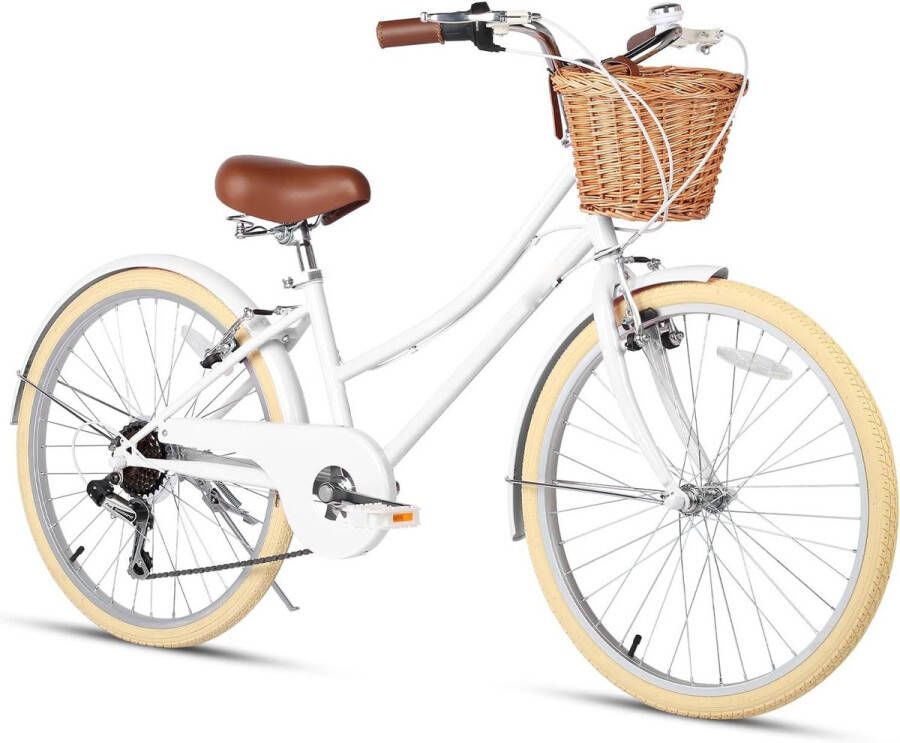 ShopHaven Meisjesfiets Cruiser met Wielen 20 24 26 Inch – Shimano 6 Versnellingen – Lichtgewicht Hybride Stadsfiets – Inclusief Rieten Mand – Kinderfiets vanaf 6 Jaar – Comfortabele Zadel & Handgrepen – 24 inch met standaard