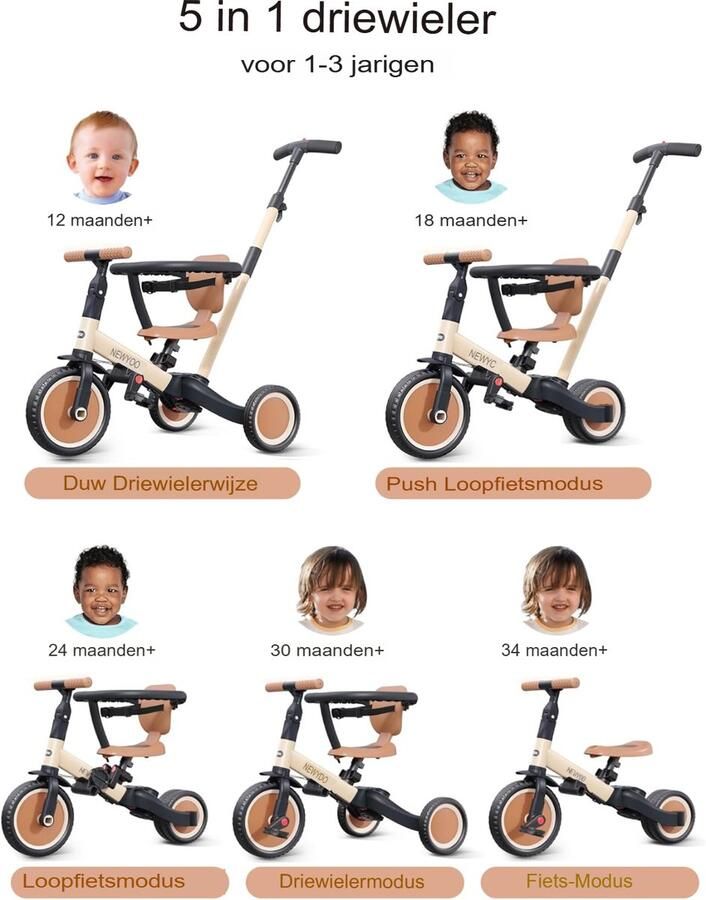 ShopHaven Driewieler voor Peuters 1-3 Jaar Voor en Trike met Duwstang voor Ouders Rugleuning en Veiligheidsgordel Kinderfiets Stabiele Driewieler Khaki Kleur Leerfiets voor Kleuters