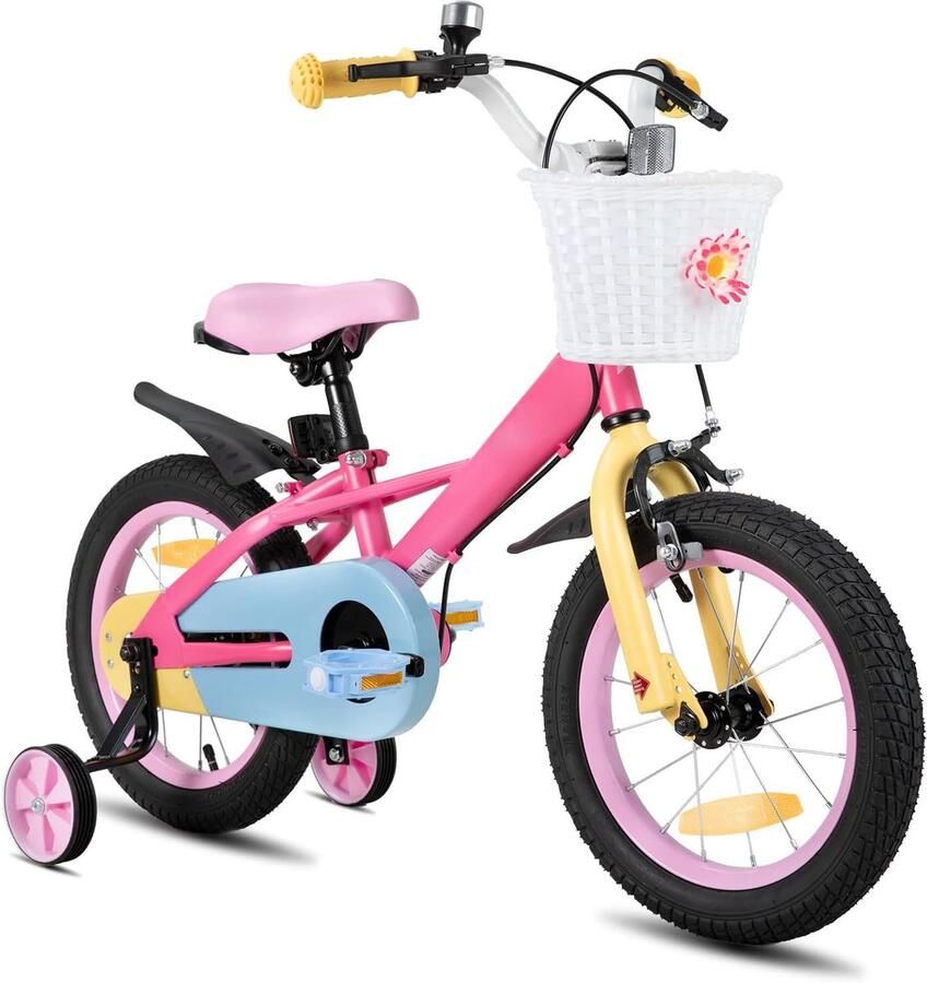 ShopHaven Kinderfiets met Zijwieltjes en d – 12 14 16 18 Inch – Fiets voor en van 2 tot 9 Jaar – Kinderfiets met Verstelbaar Zadel – Trainingswielen – Macaron Kleuren – Stabiele en Veilige sfiets sfiets