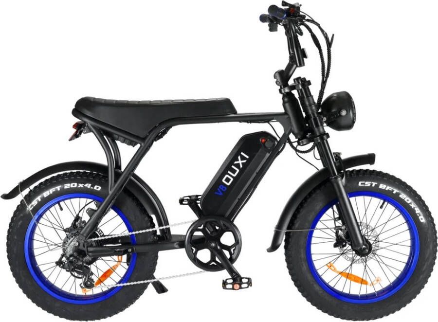 Shoppen Voor Iedereen Ouxi V8 Fatbike E-bike 250Watt 25 km u 20” banden – 7 versnellingen Zwart met zwart met blauwe velgen Deze model is toegestaan conform de Nederlandse wetgeving op de openbare weg